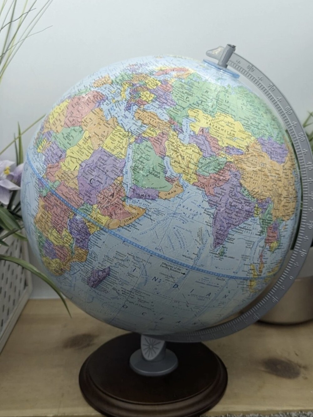 Vintage Replogle 12" World Nation Wood Base Raised Relief Globe USA Metal Stand
